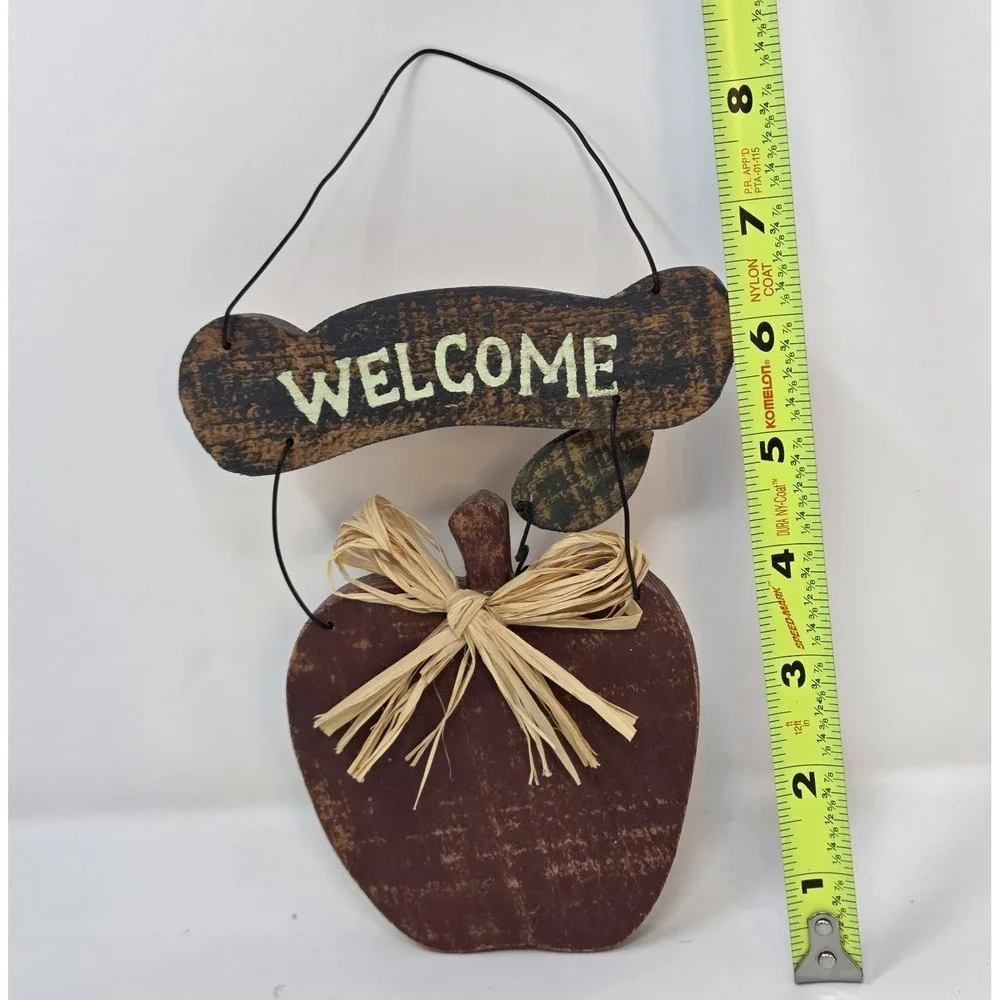 Primitive Country Wood Apple Welcome Sign Distressed Red Raffia Bow Farmhouse